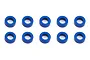 Ten small blue anodized aluminium ball stud washers arranged in two rows of five on a white background.