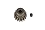 A 15-tooth metal pinion gear with a separate black grub screw on a white background.