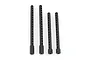 Four black plastic RC body posts of varying lengths arranged vertically on a white background.