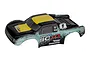 Team Associated 1/10 Pro2 SC10 pre-painted short course truck body shell in yellow, turquoise, and black.