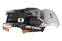 A pre-painted black, white, and orange Team Associated short course truck body shell with Method Race Wheels branding.
