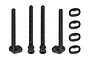 Team Associated body post set including four black plastic body posts and four small black rubber or plastic washers on a white background.