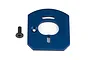 A blue anodized aluminium motor mount plate and a single black screw on a white background.