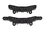 Two black plastic RC shock towers for Team Associated vehicles, shown from a top-down perspective against a white background.