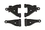 A set of four black molded plastic RC suspension arms for Team Associated vehicles, arranged on a white background.
