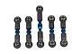 A set of five blue anodized aluminium turnbuckles with black plastic ball ends arranged vertically against a white background.