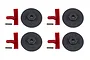 A set of four Team Associated RC wheel hexes with simulated red brake calipers and metal pins on a white background.