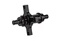 A black aluminium centre spool for an RC car, featuring a central hub with mounting points and two protruding drive shafts.