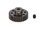 A dark grey Factory Team 34T pinion gear with a small grub screw on a white background.