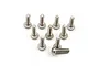 A set of ten silver-coloured titanium button head screws arranged on a white background.