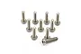 A group of ten silver-colored titanium button head screws arranged on a white background.