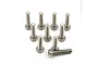 A set of ten silver-coloured titanium button head screws with fine threads arranged on a white background.
