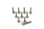 A set of ten silver-coloured titanium button head screws arranged on a white background.