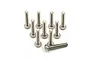 A set of ten silver-coloured titanium button head screws with fine threading, arranged in a group on a white background.