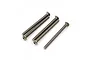 Five silver-coloured titanium button head screws arranged diagonally on a white background.