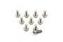 A set of ten silver-colored titanium button head screws arranged on a white background.