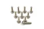 A collection of ten silver-coloured metal button head screws with coarse threads arranged on a white background.
