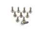 A set of ten silver-colored titanium button head screws with coarse threads arranged on a white background.