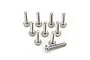 Ten silver-coloured titanium button head screws with coarse threads arranged on a white background.