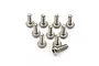 A set of ten silver-coloured titanium button head screws with coarse threads, arranged on a white background.