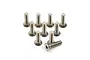 A group of ten silver-coloured titanium countersunk head screws arranged on a white background.