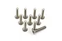 A set of ten silver-coloured titanium countersunk head screws arranged on a white background.