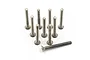 Ten silver-coloured titanium countersunk head screws arranged in a group on a white background.
