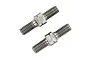 Two silver-coloured metal RC turnbuckles with threaded ends and a central hex nut section, isolated against a white background.