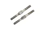 Two silver-coloured metal turnbuckles with threaded ends and a central flat section for adjustment, isolated on a white background.