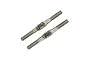 Two silver-coloured metal turnbuckles with threaded ends and a central flat section for adjustment, isolated on a white background.