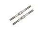 Two silver-coloured metal RC turnbuckles with threaded ends and a central adjustment section, isolated on a white background.