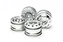 A set of four silver-colored Tamiya 1.9-inch semi-truck wheels arranged on a white background.