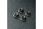 Four black 4mm flanged nuts arranged on a textured black surface.