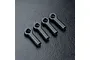 Four black reinforced rod ends for RC cars arranged diagonally on a textured black surface.