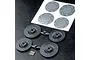 MST 12mm disc brake wheel hex set including four plastic brake disc parts on a sprue, four adhesive brake disc decals, and four metal pins.