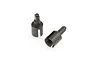 Two dark grey metal universal joint cups for an RC car drivetrain, shown from different angles on a white background.