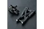 MST black plastic rear suspension arm and hub carrier for RC cars, displayed on a textured black surface.