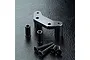 MST black aluminium steering arm mount with two spacers and four flat-head hex screws on a black textured surface.