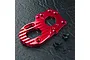 A red anodized aluminium motor mount for an RC car, shown with four black screws and two washers on a dark textured surface.
