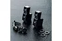 Two black aluminium servo mounts with included screws and washers on a textured black surface.