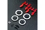 MST aluminium 12mm disc brake wheel hexes set including four brake discs, red plastic brake calipers on a sprue, small screws, pins, and O-rings.