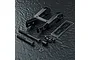 MST black aluminium integrated upper deck connector set including screws, washers, and a sticker sheet on a textured black background.