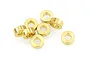 A group of eight small brass-coloured metal oilite bushings arranged on a white background.