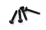 Four black coarse thread button head screws with Phillips drive heads arranged on a white background.