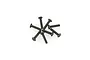A cluster of eight black metal binder head screws arranged in a star-like pattern on a white background.