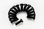 A collection of fifteen black metal countersunk head screws arranged in a semi-circle on a white background.