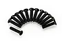 A collection of thirteen black metal countersunk head screws arranged in a semi-circle on a white background.