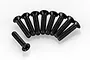 Nine black metal countersunk screws with Phillips heads arranged in a semi-circle on a white background.
