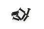 A small pile of eight black metal countersunk screws with fine threads on a white background.