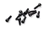 A small pile of ten black metal cap head screws with hexagonal sockets, isolated on a white background.
